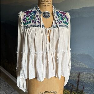Free People White/Cream Blouse with Colorful Embroidery